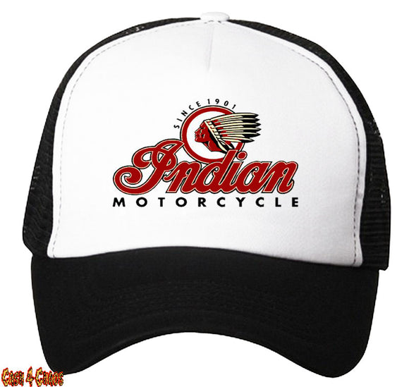 Indian Motorcycle Heat Transfer Black & White Snap Back Trucker Hat