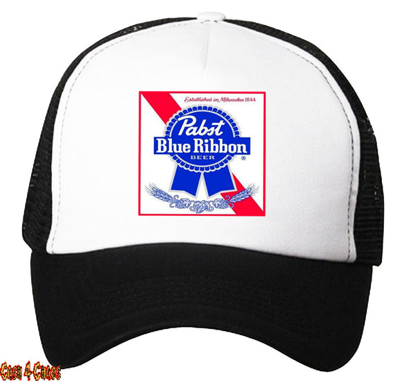 Pabst Blue Ribbion Heat Transfer Snap Back Black Trucker Hat